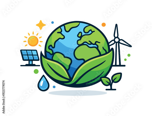 Green economy symbolizing global impact with a globe wrapped in leaves and subtle energy icons. A hopeful visual idea of collective action