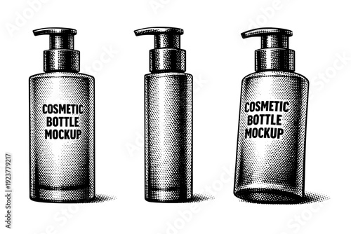 Cosmetic bottle mockup shown as a single object presented in three views: front view, side view, and three-quarter view. Black and white dot style with