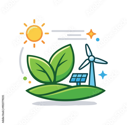 Green energy spring concept clean energy landscape icon with sun, leaves and subtle motion lines, evoking freshness, efficiency and hopeful