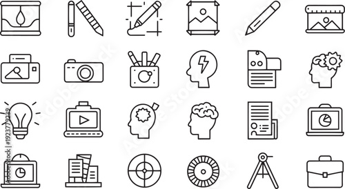 Collection of business and creativity icons representing ideas technology and professional tools for digital design and work