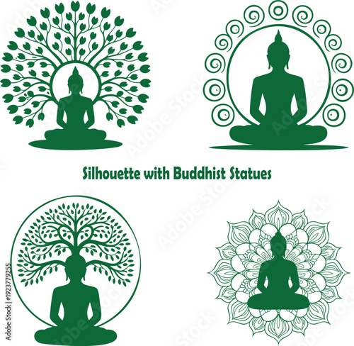 Four serene Buddha silhouettes are shown meditating under various green spiritual symbols and elements