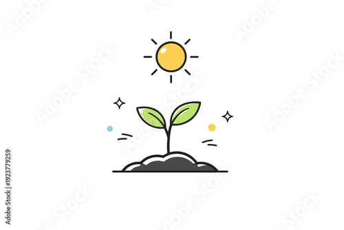 Early plant growth stage. Young seedling with two leaves growing upward from simple ground shape, sun icon floating above. Gentle care,