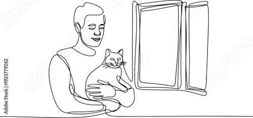 Single one line drawing calm guy with cat looks in house window. Happy man with his pet, lifestyle, communication and friendship social concept. one line Icon drawing