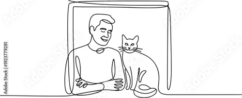 Single one line drawing calm guy with cat looks in house window. Happy man with his pet, lifestyle, communication and friendship social concept. one line Icon drawing