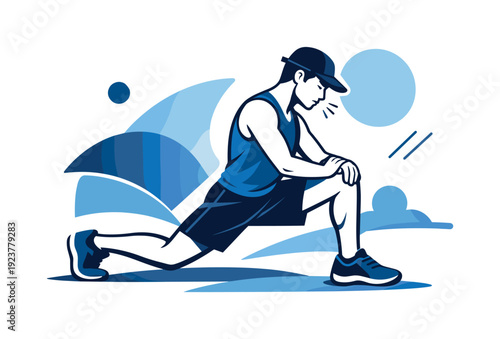 Focused preparation. Runner stretching slowly, attention on breath and body, minimal