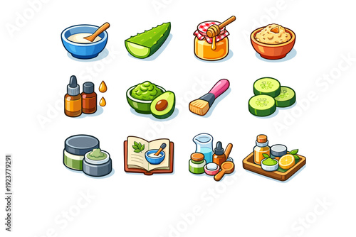 Skincare recipes. Colorful isometric vector icons set of Skincare recipes: mixing bowl, aloe vera leaf, honey jar, oatmeal mask, essential oil drops, avocado
