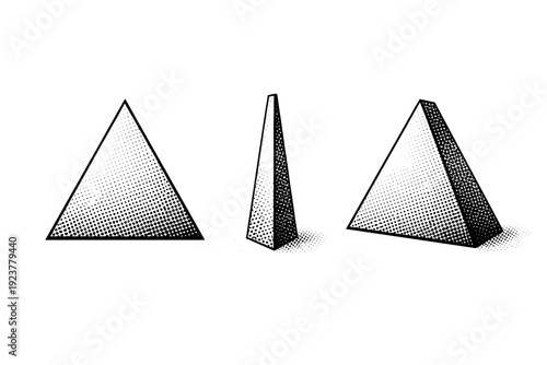 Minimalist triangle icon depicted as a single triangular shape object presented in three views: front view, side view, and three-quarter view