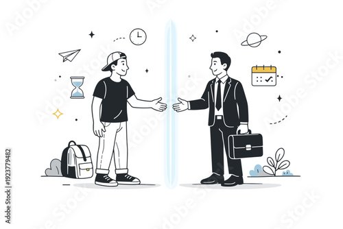 Time travel concept. Two versions of the same person meeting across a subtle glowing line, past and future connected. Friendly surreal mood