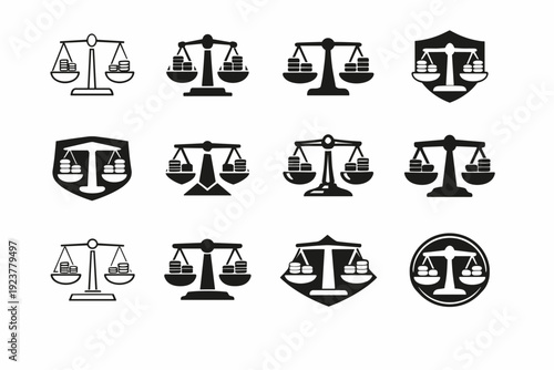 Risk management in investments. Icon set. Set Logo of Risk management in investments: balance scale with coins. harmonious logo variations of the