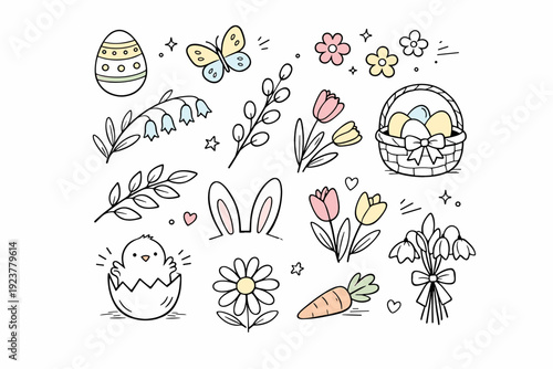 Easter botanical illustration sketches. Set of individual spring botanical sketch elements displayed as a cohesive collection. Clean seasonal illustration pack