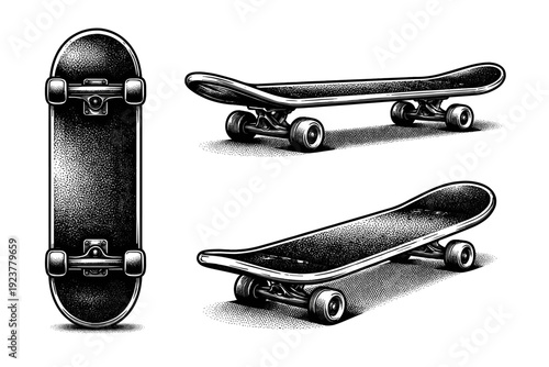 Skateboard sticker-style graphic shape shown as a single object presented in three views: front view, side view, and three-quarter view. Black and white dot