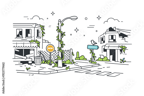 Urban decay with greenery. Empty street corner with worn facades, vines climbing up lampposts and fences. Calm atmosphere and slow return of