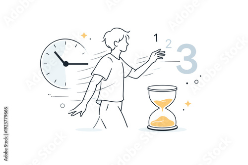 Slow motion time feel. A figure caught mid-gesture, with soft motion trails and oversized time elements fading into space. A visual impression of deceleration