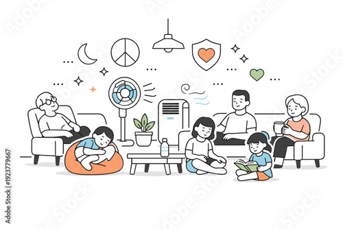 Heat-safe community room. A shared indoor area with a mix of seating, cooling devices, and calm lighting, where people of all ages rest quietly. Decorative