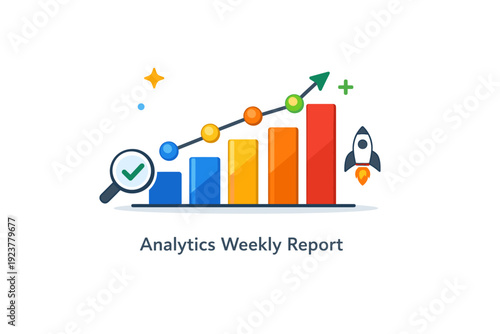 Analytics weekly report illustrated through a simplified bar chart and line graph working together, expressing performance comparison,