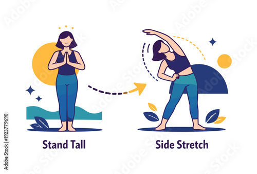Easy yoga flow. Simple standing pose transitioning into a stretch, arrows and dots guiding
