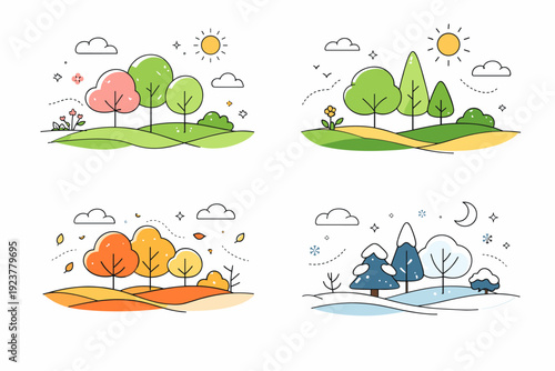 Seasonal nature backgrounds. Clean modern scene with abstract trees, clouds, and ground layers adapting subtly to different seasons. Friendly editorial tone