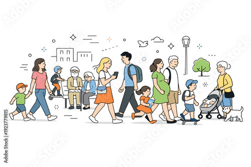 Multigenerational public scenes in urban spaces. Different age groups pass through the same street or square, walking at varied paces. Everyday diversity shown