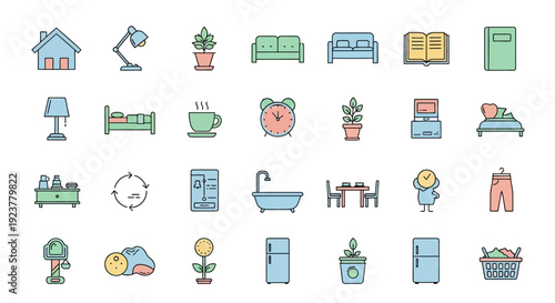 A collection of colorful illustrated icons depicting interior design and lifestyle elements