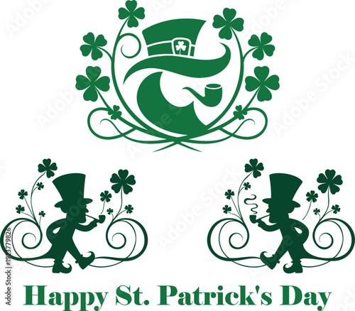 Stylized green St Patricks Day leprechaun hat logo and two walking leprechaun silhouettes