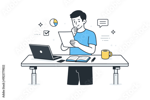 Standing desk work sessions. A casual standing workspace with a laptop, notebook, and coffee cup, worker calmly reviewing information. Balanced workflow and