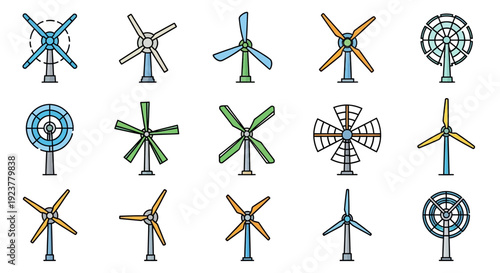 A collection of colorful illustrated wind turbines representing clean energy and sustainability