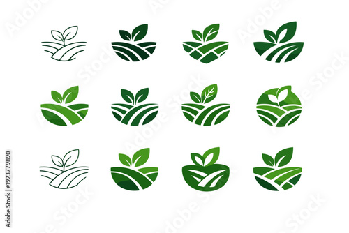 Eco-friendly farming techniques for small-scale farms. Icon set. Set Logo of Eco-friendly farming techniques for small-scale farms: organic crop rows with