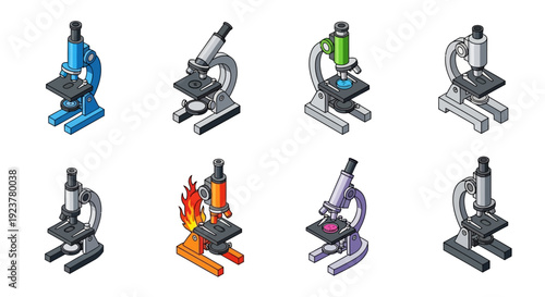 A Collection of Stylized Vector Illustrations Depicting Various Microscopes for Scientific Purposes