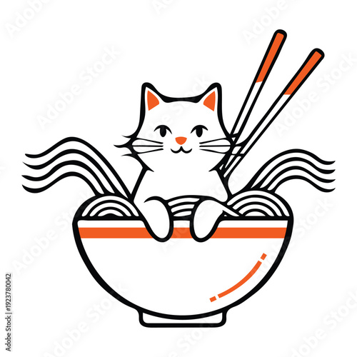 White cat sitting in bowl of noodles with chopsticks  cute food illustration
