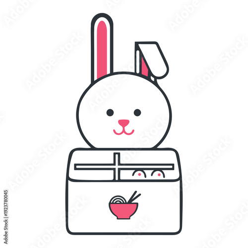 Cute white rabbit peeking out of a bento lunch box with chopsticks and bowl