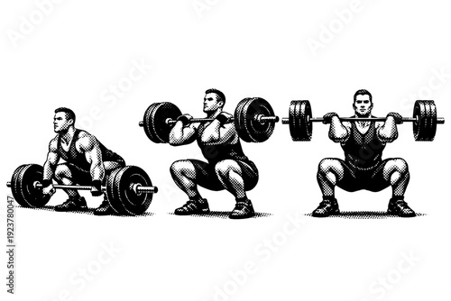 Athlete motion pose weightlifter clean lift position illustrated as a single athlete body object shown in three positional variations