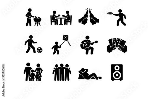 Barbecue and Picnic Activities. Solid icon set of Barbecue and Picnic Activities: grilling action, eating together, clinking drinks, frisbee,