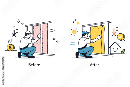 Home insulation upgrade. A person installs insulation material inside a wall, side-by-side before-and-after showing improved warmth and energy efficiency,