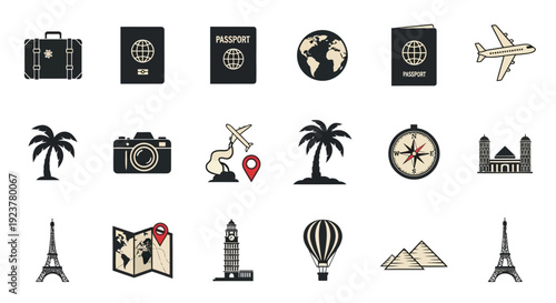 A collection of travel-related vector icons for international journeys and global exploration