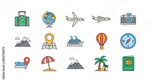 A Collection of Vector Illustrations Featuring Travel and Exploration Icons and Symbols