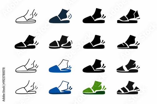 Putting on indoor slippers. Icon set. Set Logo of Putting on indoor slippers: slipper pair with foot motion. harmonious logo variations of