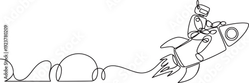 Single one line drawing robot riding padlock rocket flying in sky. Improve tech business security. Robotic artificial intelligence technology. one line Icon drawing