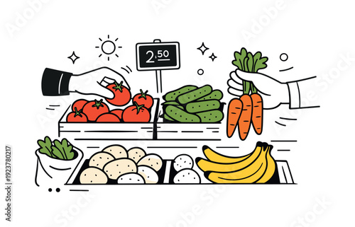 Seasonal outdoor markets strolling. A close-up editorial scene of hands selecting fruits or vegetables from a simple market stand. Calm