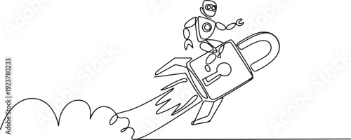 Single one line drawing robot riding padlock rocket flying in sky. Improve tech business security. Robotic artificial intelligence technology. one line Icon drawing