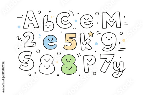 Letters and numbers. Friendly rounded characters with subtle personality, arranged loosely as a decorative typographic background. Soft creative atmosphere
