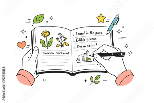 Foraging journal entry. Close-up of hands sketching plants and writing notes after an urban walk, floating icons of pens, leaves, and stars