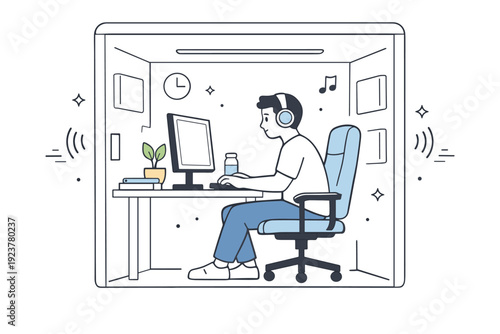 Silent work room in modern office. An employee sits comfortably with headphones on, focusing on a screen in a soundproof room. The mood is peaceful and