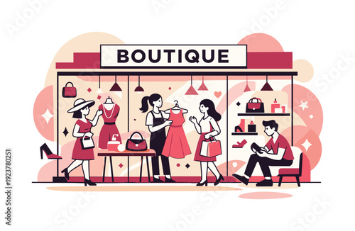 Boutique storefront design. Glass windows reveal curated products inside, soft lights