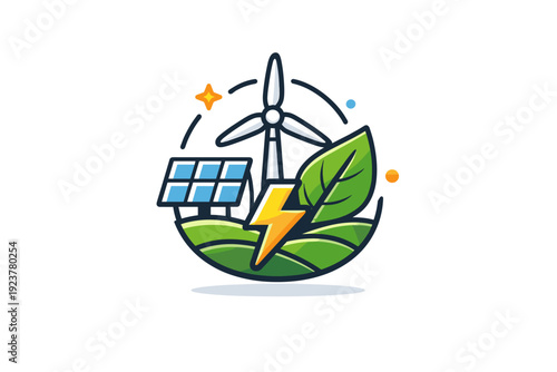 Renewable energy farms captured as a simple energy badge with a turbine, leaf and lightning symbol, evoking sustainability, innovation and climate conscious