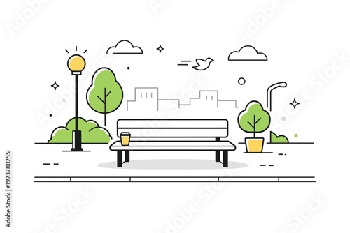 Human absence felt outdoors. An empty bench, street, or plaza with subtle environmental details hints at everyday life now paused. Calm, reflective urban