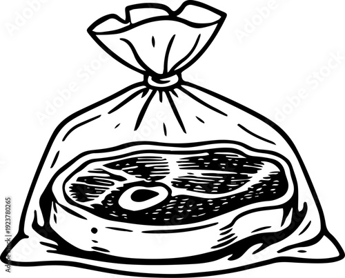 Raw Beef Steak in Plastic Bag Monochrome Line Art Vector