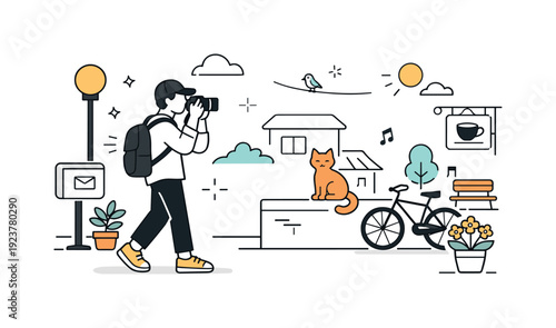 Illustrative scene of a photographer capturing a cat in a charming, stylized urban environment