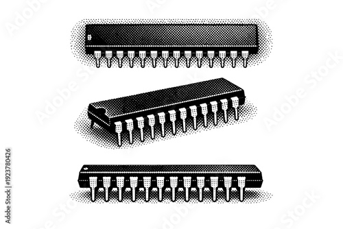 Microchip object classic dual in-line package chip with elongated body and evenly spaced metal pins, presented in top view, angled view, and