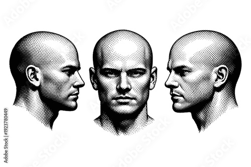 Human face halftone portrait shaved head face object represented as one realistic human face shown in three angles focusing on skull shape