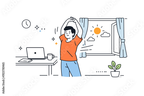 Summer breaks between work sprints. A person steps away from a laptop to stretch near an open window, sunlight filling the space. Short refreshing pause that
